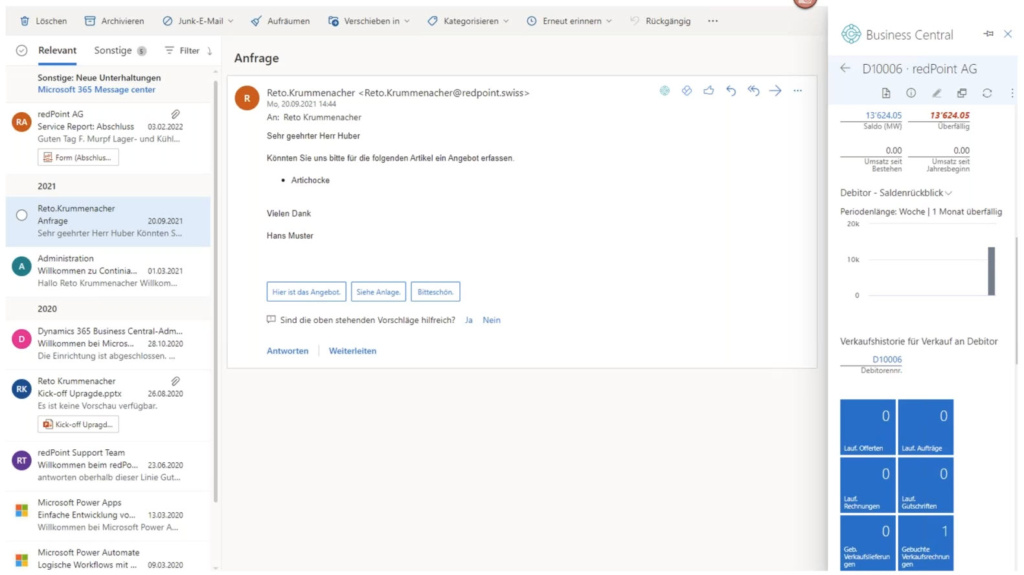 Screenshot aus Outlook: CRM-Informationen werden als Kontextinformationen zu eingegangener E-Mail angezeigt. 