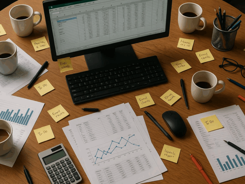 Unordentlicher Schreibtisch als Symbol für das Chaos im Tagesgeschäft eines KMU ohne zentrale Datenquelle.