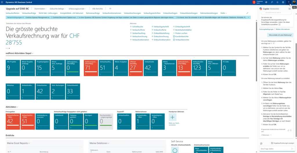 Screenshot aus Dynamics 365 Business Central: Copilot-Chat ist am rechten Fensterrand eingeblendet und beantwortet Prozessfragen oder stellt Daten dar.