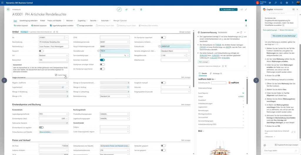 Screenshot aus Dynamics 365 Business Central:: Copilot fasst automatisch die wichtigsten Infos auf einer Stammdatenkarte zusammen, in diesem Beispiel die wichtigsten Verkaufszahlen eines Artikels.