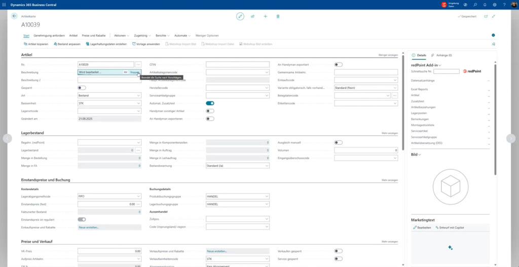 Screenshot aus Dynamics 365 Business Central: Copilot hilft beim automatischen Abfüllen von Datenfeldern beim Erstellen eines neuen Artikels