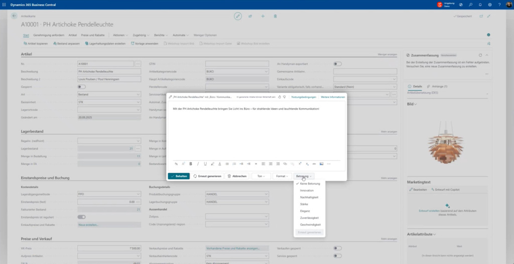 Screenshot aus Dynamics 365 Business Central: Copilot hat anhand der Stammdatenfelder automatisch einen Marketingtext für das Produkt verfasst, dieser lässt sich anpassen.