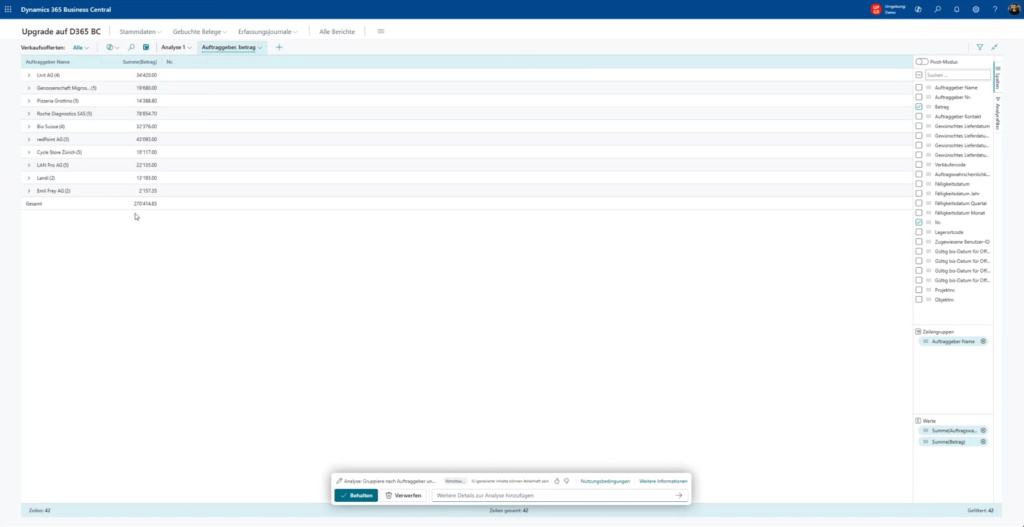 Screenshot aus Dynamics 365 Business Central: Die Analysetabelle lässt sich mit weiteren Folgeprompts verfeinern oder manuell erweitern