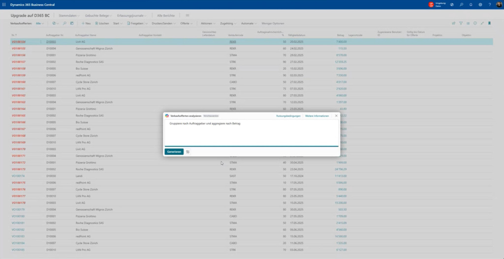Screenshot aus Dynamics 365 Business Central: Mittels eines einfachen Prompts erstellt Copilot automatisch eine Datentabelle mit den gewünschten Werten und Berechnungen.