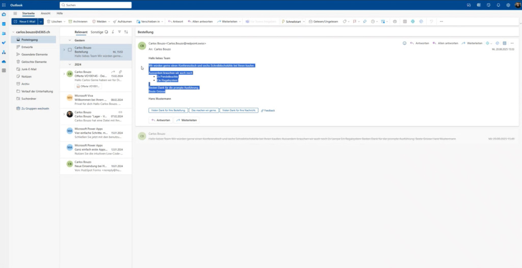 Screenshot aus Microsoft Outlook: Eine Bestellung mit Artikeln und Mengen ist per E-Mail eingegangen. Der Text wird kopiert und in die Zwischenablage gespeichert.