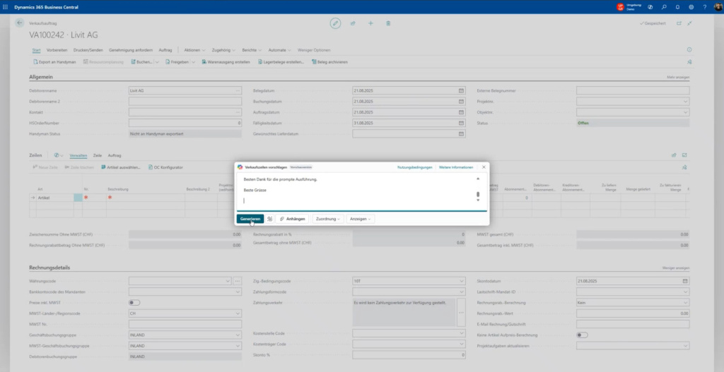 Screenshot aus Dynamics 365 Business Central: Mit der Funktion Verkaufszeilen vorschlagen erscheint ein Eingabefeld, wo der kopierte Bestelltext eingefügt wird.