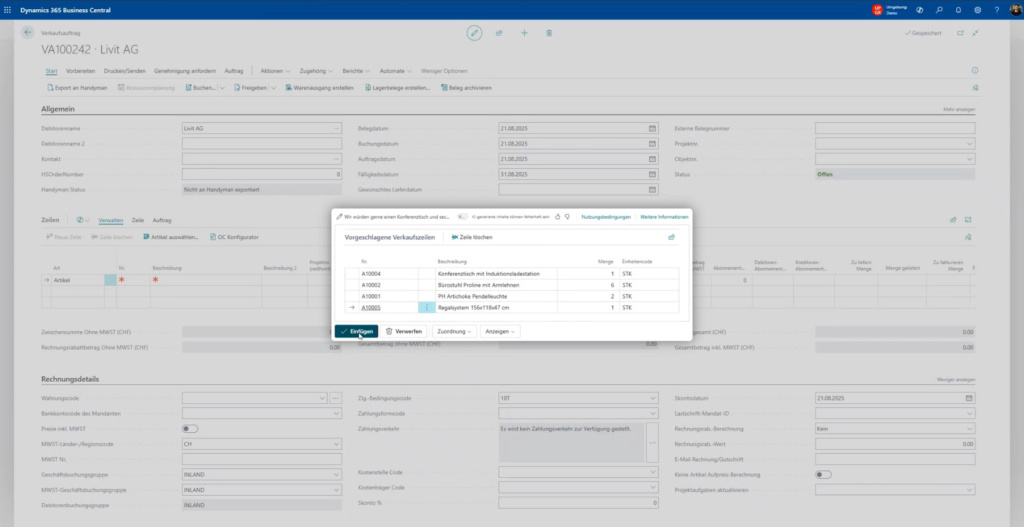 Screenshot aus Dynamics 365 Business Central: Treffsicher findet Copilot die richtigen Artikel und die passenden Mengen dazu und schlägt diese als Verkaufszeilen vor. Diese können angepasst oder direkt übernommen werden