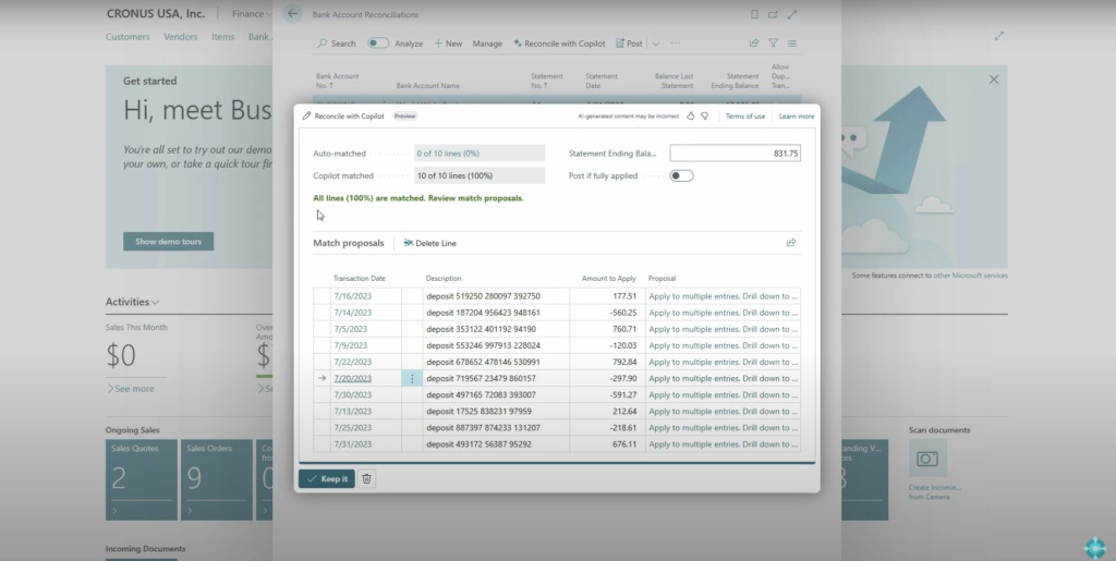 Screenshot aus Dynamics 365 Business Central: Copilot hat automatisch die Bankzeilen mit den im System vorhandenen Buchungen abgeglichen und meldet 100 prozentige Übereinstimmung.