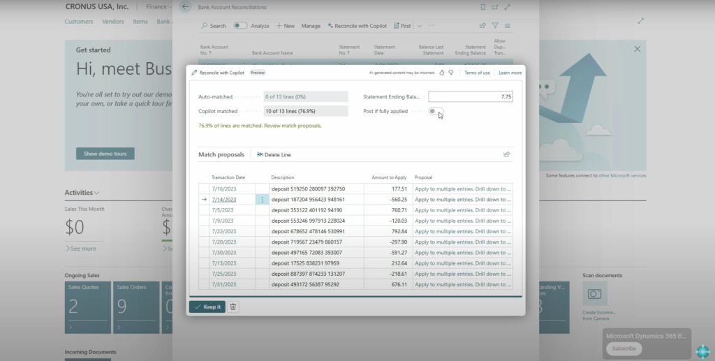 Screenshot aus Dynamics 365 Business Central: Copilot hat die Bankzeilen und Buchungszeilen im System abgeglichen und findet Differenzen. Diese können Zeile für Zeile durchgearbeitet werden.