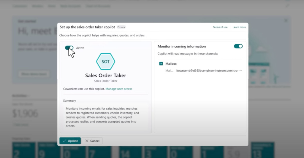 Screenshot aus Dynamics 365 Business Central: Der Sales Agent wird aktiviert. Ein E-Mail-Postfach ist mittels Checkbox aktiviert; dieses überwacht er ab jetzt und erstellt eigenständig Verkaufsofferten und korrespondiert mit den Kundinnen und Kunden