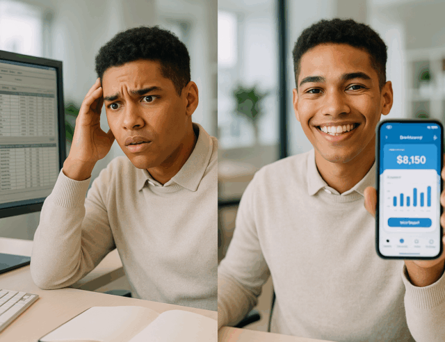Ein junger Mitarbeiter ist frustriert von einem veralteten ERP-System auf einem Desktop-Computer, während er auf seinem Smartphone eine moderne, intuitive App mit Freude bedient.