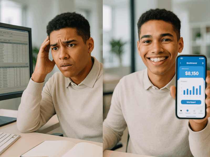 Ein junger Mitarbeiter ist frustriert von einem veralteten ERP-System auf einem Desktop-Computer, während er auf seinem Smartphone eine moderne, intuitive App mit Freude bedient.
