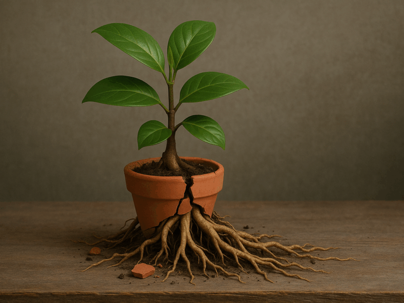 Eine Pflanze, deren Wurzeln einen zu kleinen Topf sprengen, als Symbol für unskalierbare Prozesse in einem wachsenden KMU.
